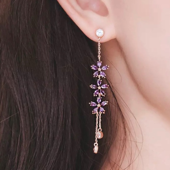 Korean Purple Crystal Flower Drop Earrings - Picture 1 of 6